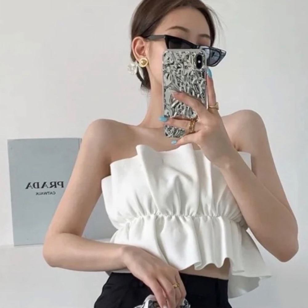 Zara Poplin Strapless Ruffled Top